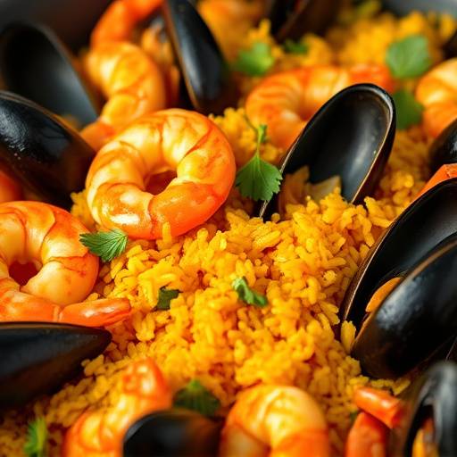 Close-up of a vibrant Seafood Paella with saffron rice, mussels, and shrimp