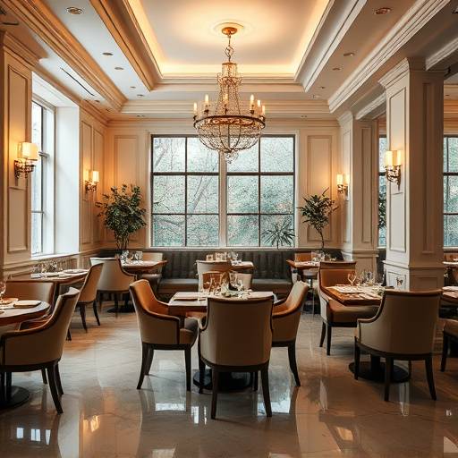 Elegant dining room of The Golden Spoon with soft lighting and comfortable seating