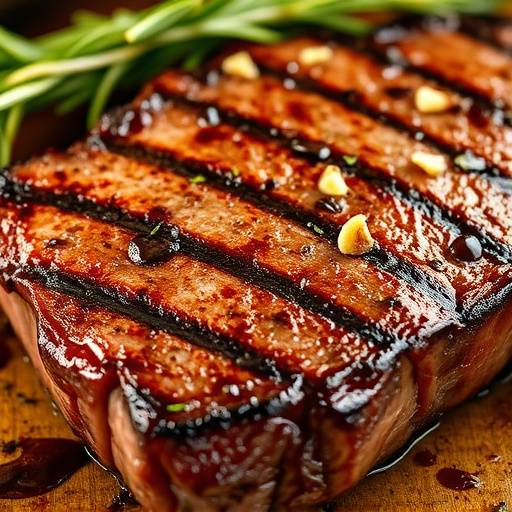 Perfectly grilled Ribeye Steak with rosemary and garlic