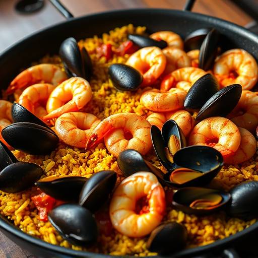 Seafood Paella with mussels, shrimp, and saffron rice